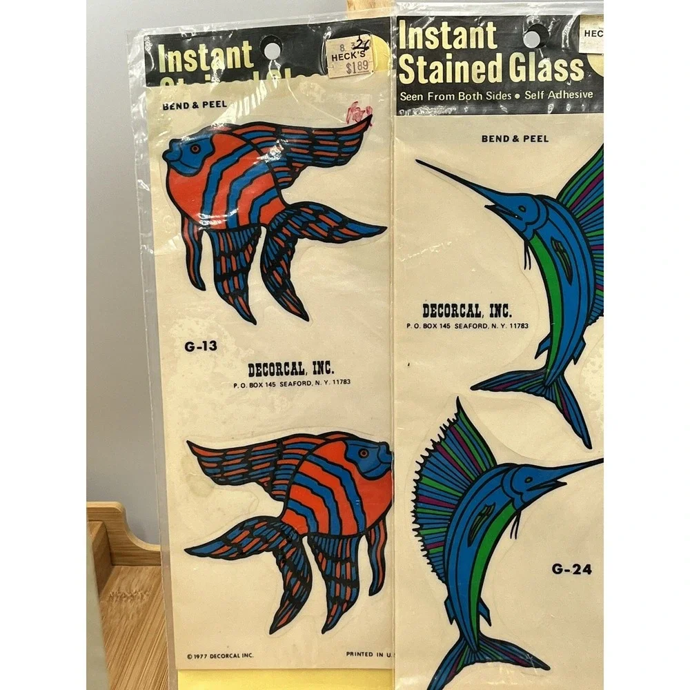 Vintage Window Clings Decals‎ Stain Glass 1977/Fish,butterflies,shells